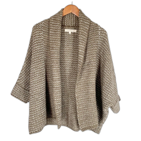 Italian Alpaca Open Front Cardigan Sweater S Brown White Fleck Shawl Collar - Picture 4 of 7